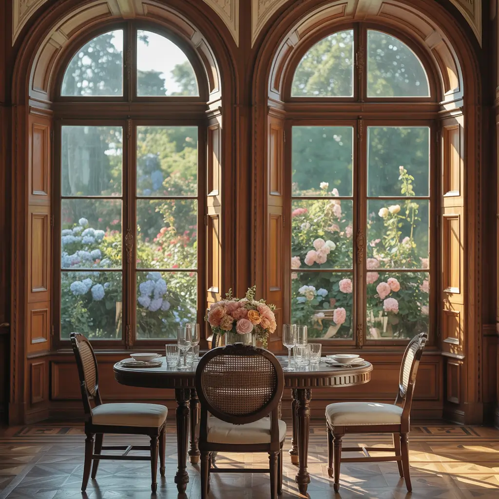 Classic dining room with elegant wood-framed windows