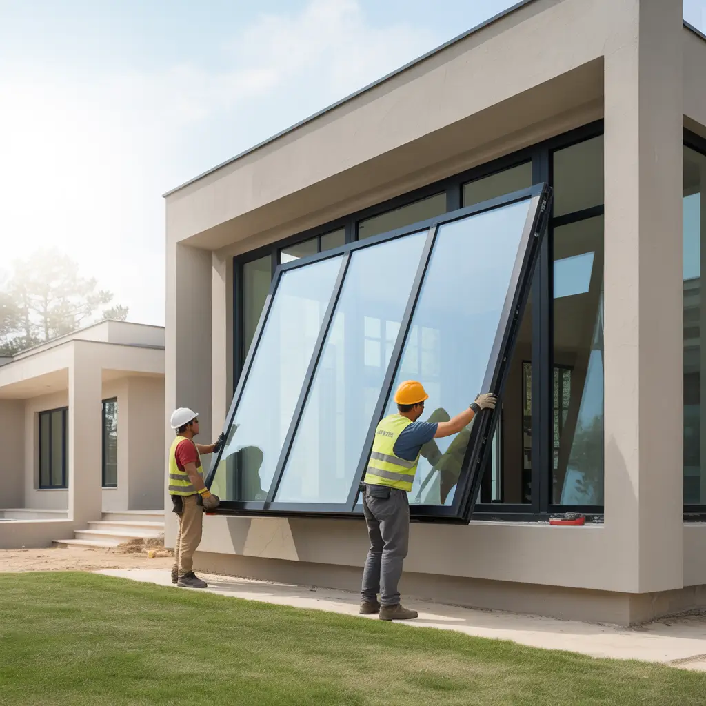 Technician taking precise laser measurements of a window frame